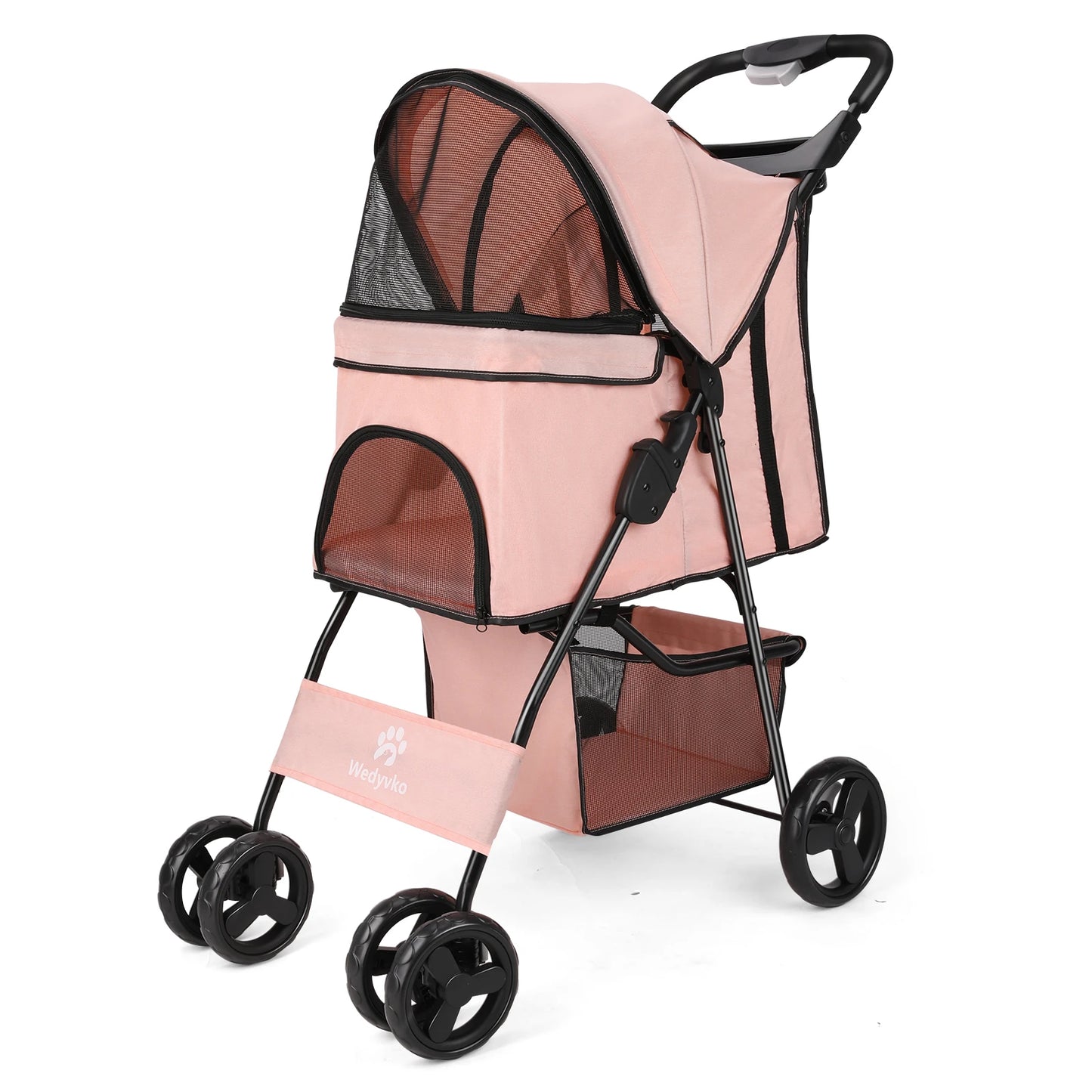 All-Season Foldable Pet Stroller for Cats & Dogs – Universal Outdoor Walking Design with Storage Basket