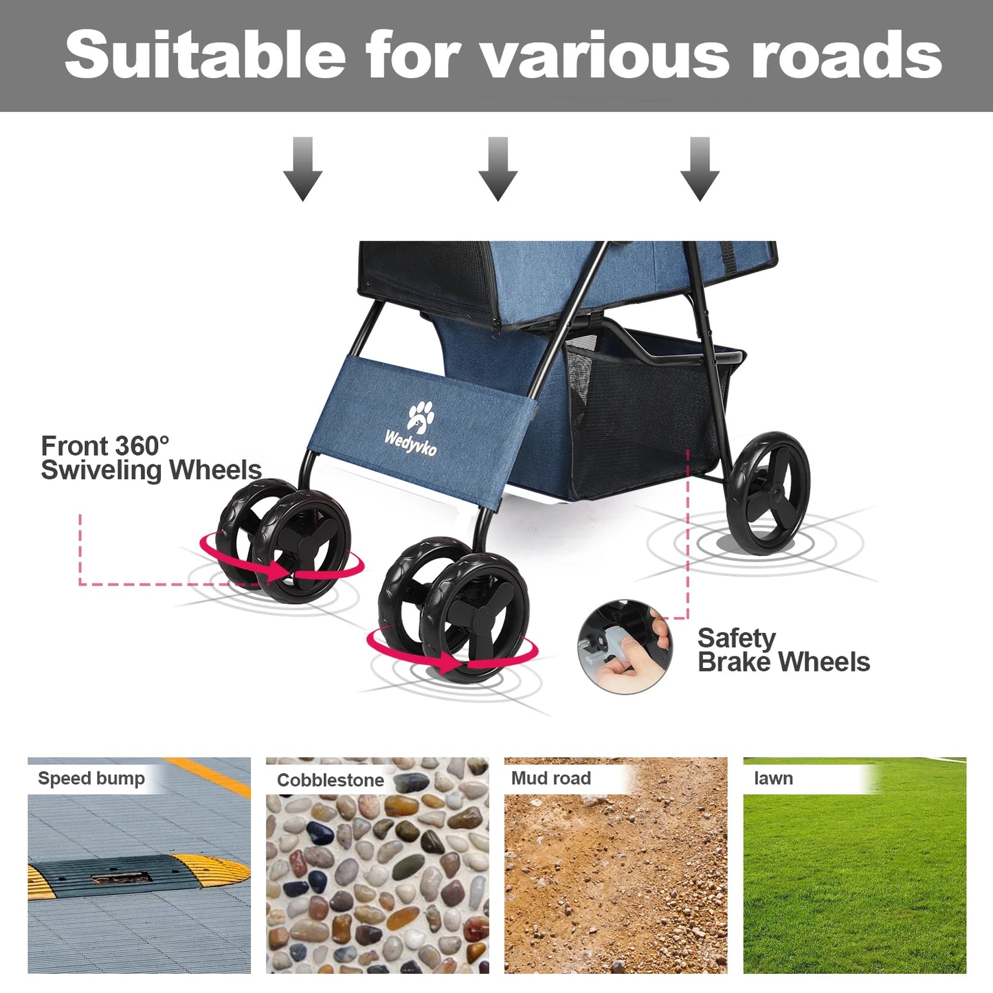 All-Season Foldable Pet Stroller for Cats & Dogs – Universal Outdoor Walking Design with Storage Basket