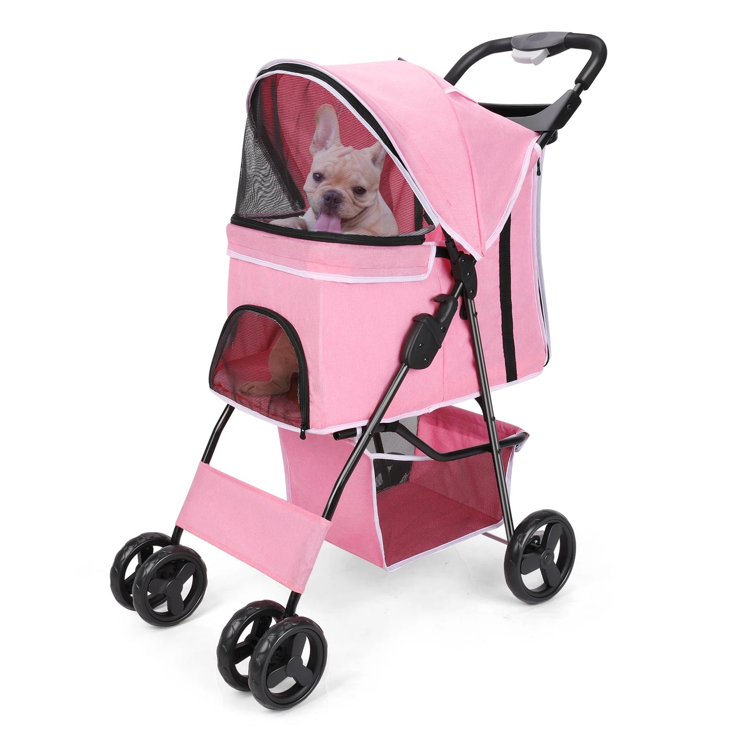 All-Season Foldable Pet Stroller for Cats & Dogs – Universal Outdoor Walking Design with Storage Basket