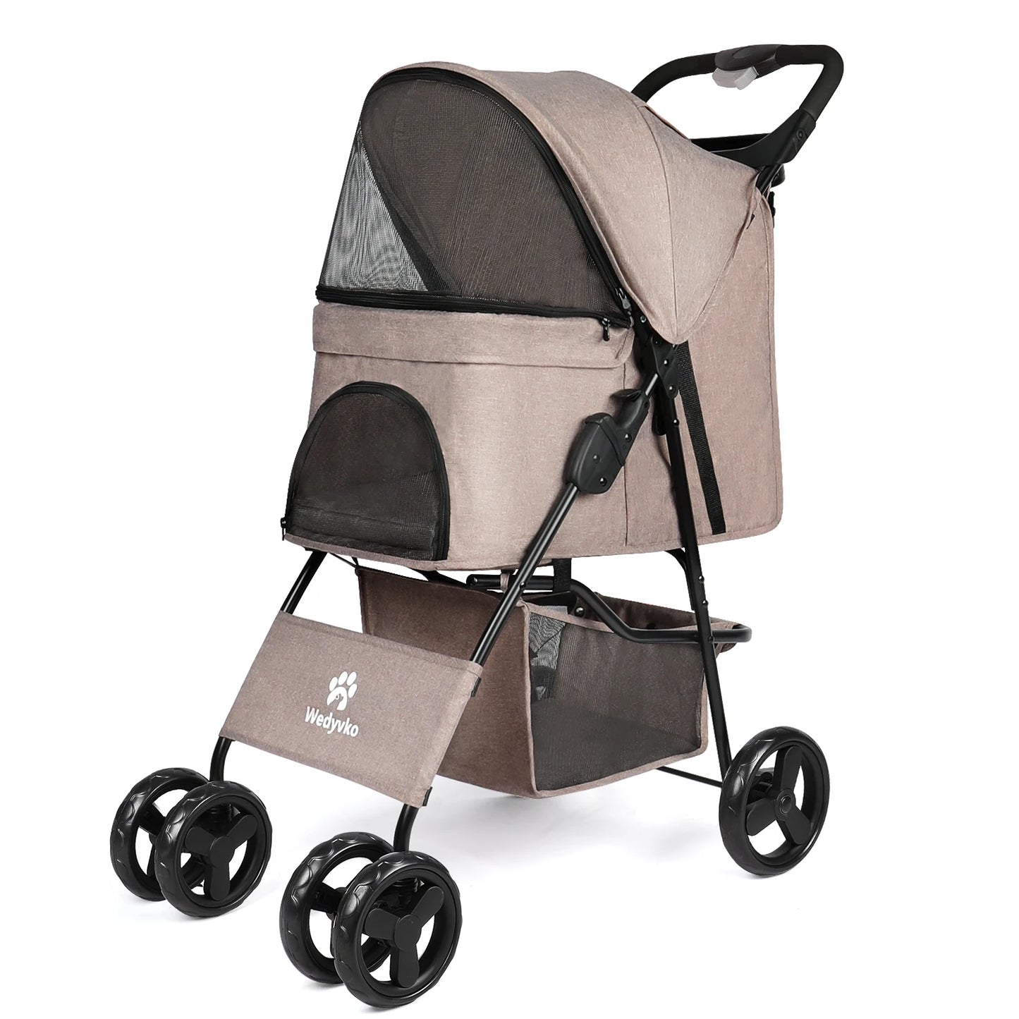 All-Season Foldable Pet Stroller for Cats & Dogs – Universal Outdoor Walking Design with Storage Basket