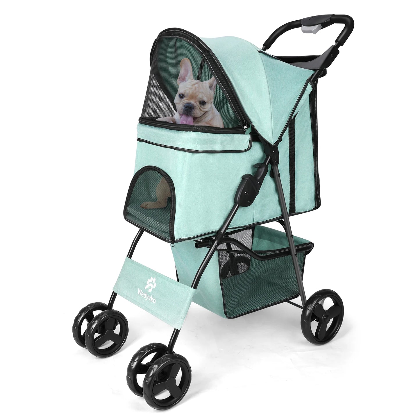 All-Season Foldable Pet Stroller for Cats & Dogs – Universal Outdoor Walking Design with Storage Basket