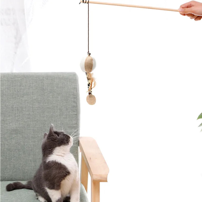 Vibrant Feather Teaser Wand for Cats – Interactive Wooden Cat Toy