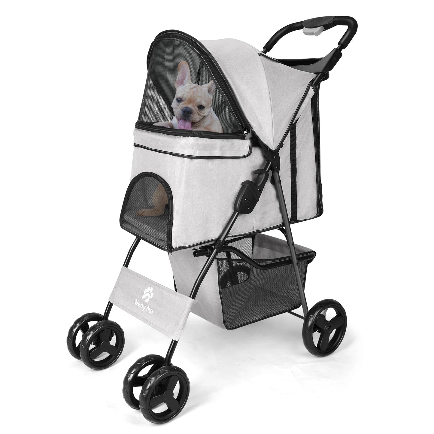 All-Season Foldable Pet Stroller for Cats & Dogs – Universal Outdoor Walking Design with Storage Basket