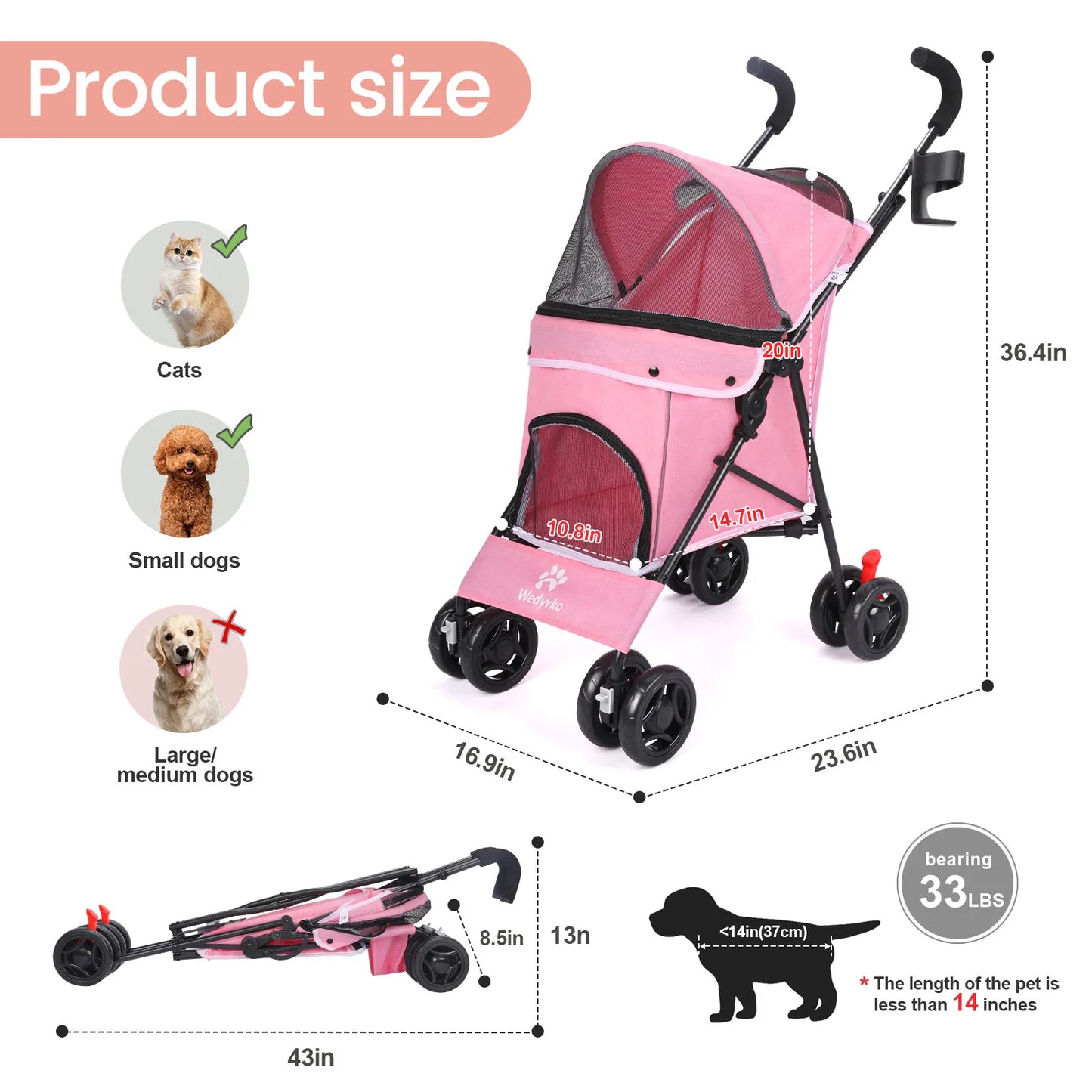 Lightweight Folding Pet Stroller – Breathable Outdoor Travel Design for Small & Medium Cats and Dogs