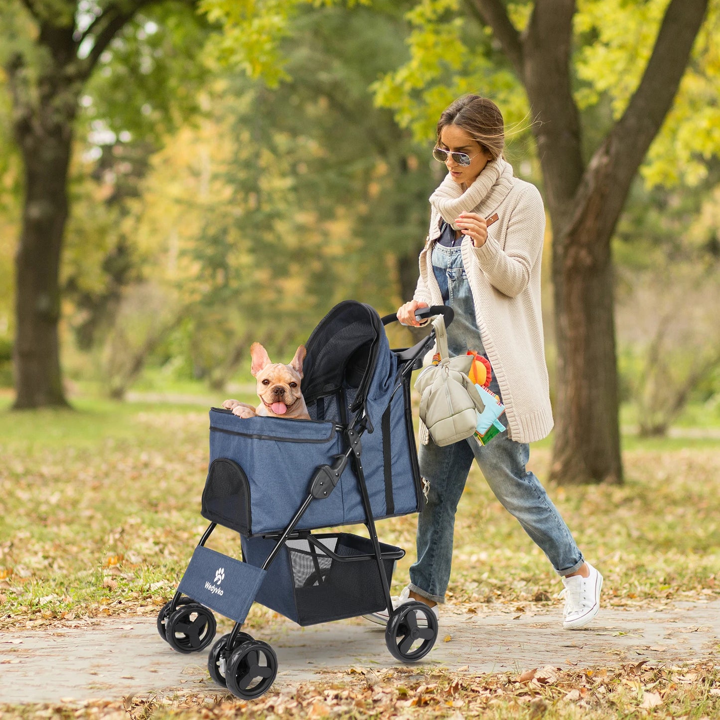 All-Season Foldable Pet Stroller for Cats & Dogs – Universal Outdoor Walking Design with Storage Basket