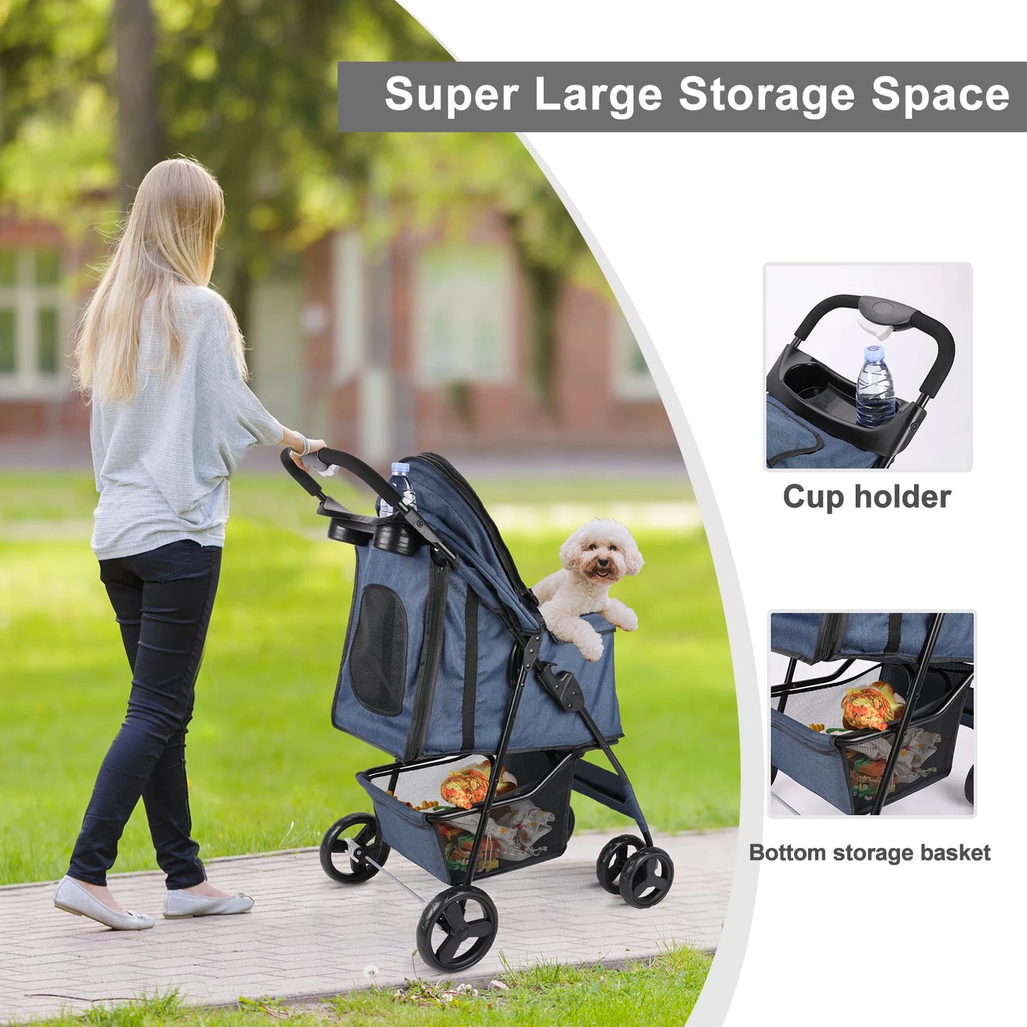 All-Season Foldable Pet Stroller for Cats & Dogs – Universal Outdoor Walking Design with Storage Basket