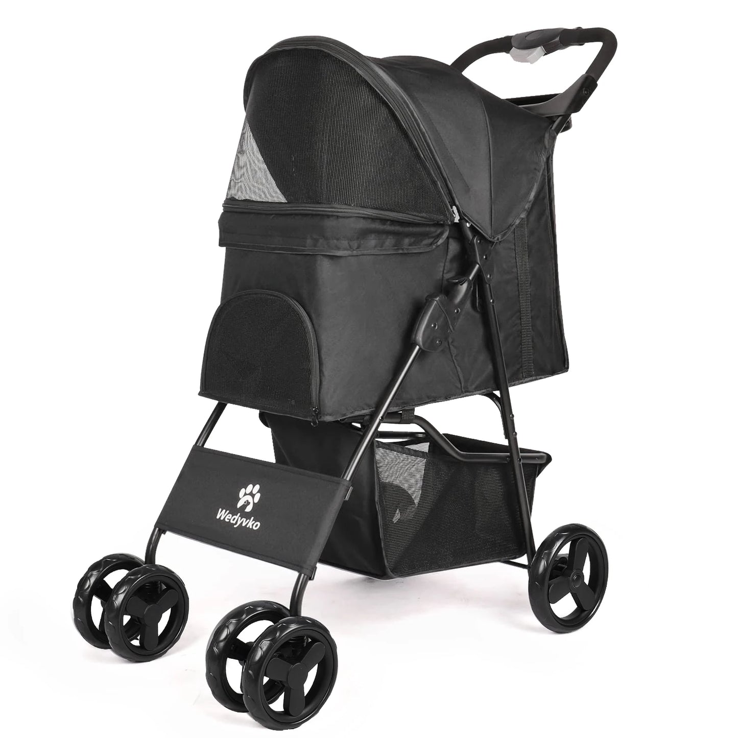 All-Season Foldable Pet Stroller for Cats & Dogs – Universal Outdoor Walking Design with Storage Basket