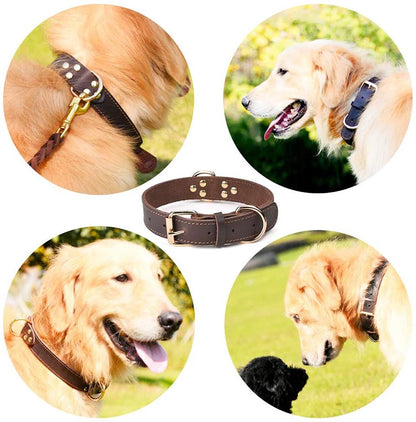 Heavy-Duty Genuine Leather Dog Collar – Vintage Double D-Ring, Rustproof Design for Medium-Large Breeds