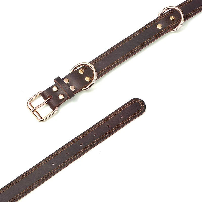 Heavy-Duty Genuine Leather Dog Collar – Vintage Double D-Ring, Rustproof Design for Medium-Large Breeds