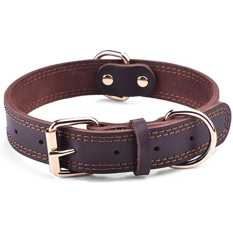 Heavy-Duty Genuine Leather Dog Collar – Vintage Double D-Ring, Rustproof Design for Medium-Large Breeds