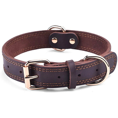 Heavy-Duty Genuine Leather Dog Collar – Vintage Double D-Ring, Rustproof Design for Medium-Large Breeds