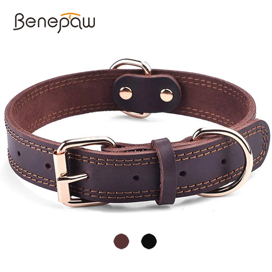 Heavy-Duty Genuine Leather Dog Collar – Vintage Double D-Ring, Rustproof Design for Medium-Large Breeds
