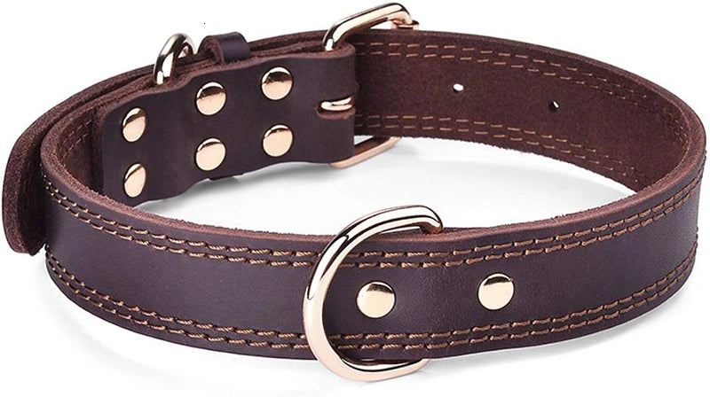 Heavy-Duty Genuine Leather Dog Collar – Vintage Double D-Ring, Rustproof Design for Medium-Large Breeds