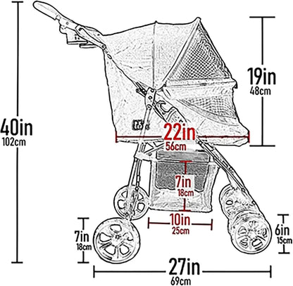 Zipperless Entry Pet Stroller for Cats & Dogs – Easy-Fold Design, Removable Liner, Safety Tether + Storage Basket & Cup Holder