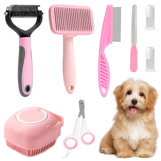 8-Piece Professional Dog Grooming Kit – Self-Cleaning Brushes, Nail Clippers, Flea Comb & Shampoo Brush Set