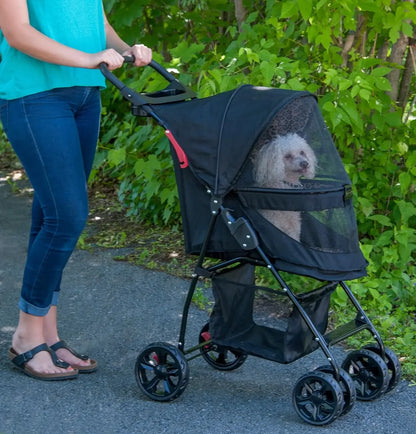 Zipperless Entry Pet Stroller for Cats & Dogs – Easy-Fold Design, Removable Liner, Safety Tether + Storage Basket & Cup Holder