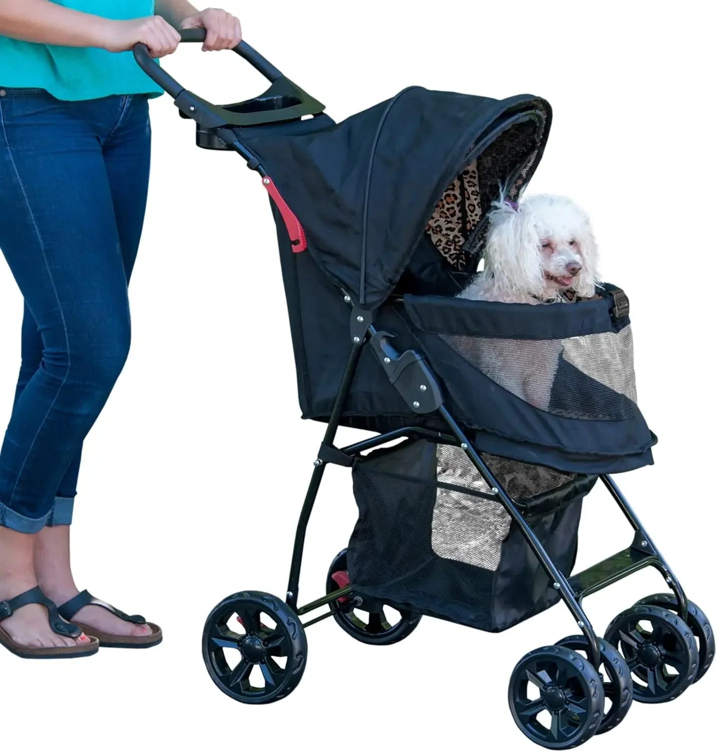 Zipperless Entry Pet Stroller for Cats & Dogs – Easy-Fold Design, Removable Liner, Safety Tether + Storage Basket & Cup Holder