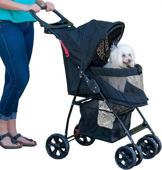 Zipperless Entry Pet Stroller for Cats & Dogs – Easy-Fold Design, Removable Liner, Safety Tether + Storage Basket & Cup Holder