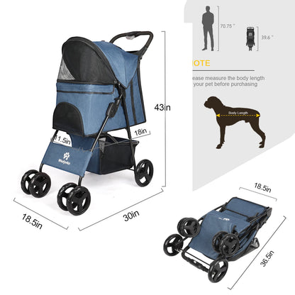 All-Season Foldable Pet Stroller for Cats & Dogs – Universal Outdoor Walking Design with Storage Basket