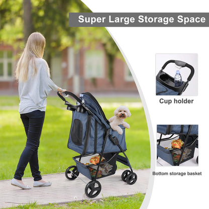 All-Season Foldable Pet Stroller for Cats & Dogs – Universal Outdoor Walking Design with Storage Basket